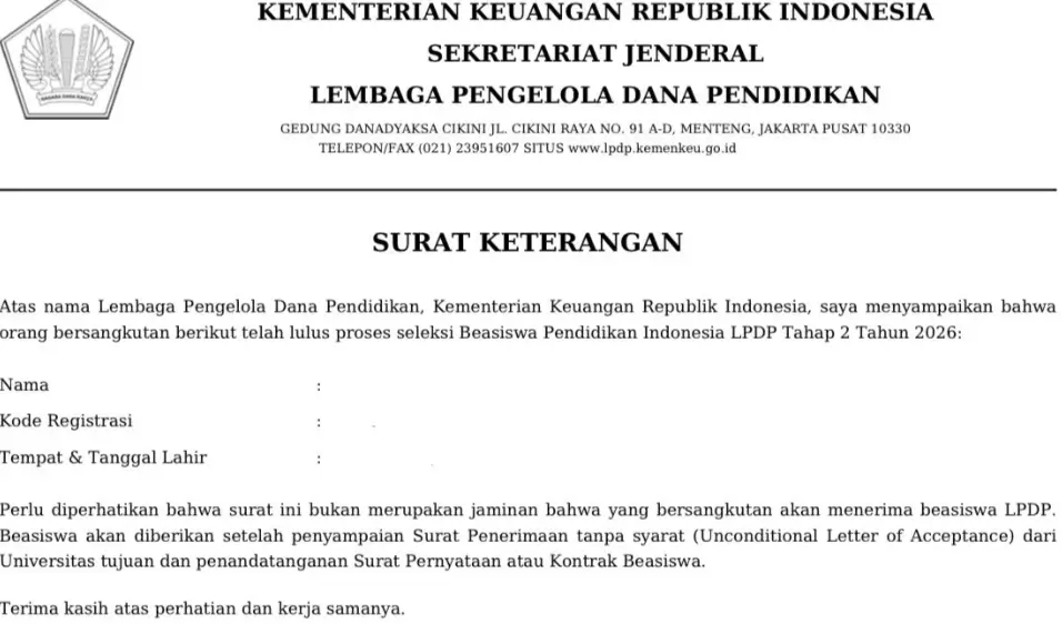Surat keterangan kelulusan BIB LPDP