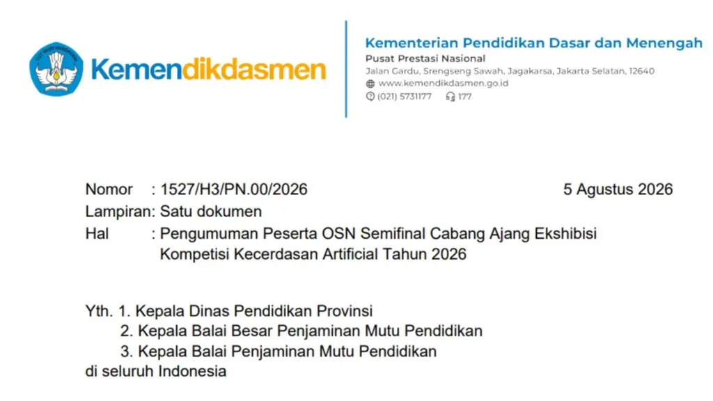 Pengumuman Peserta OSN Semifinal Cabang Ajang EKKA 2026